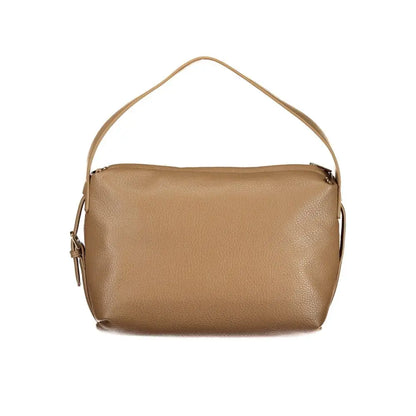 Mario Valentino Marrone polyurethane tan pebbled leather shoulder bag with top handle and zipper
