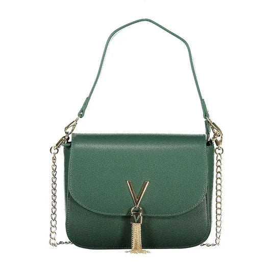 Mario Valentino Verde Poliuretano emerald green textured leather crossbody bag with gold-tone v-shaped clasp and chain strap