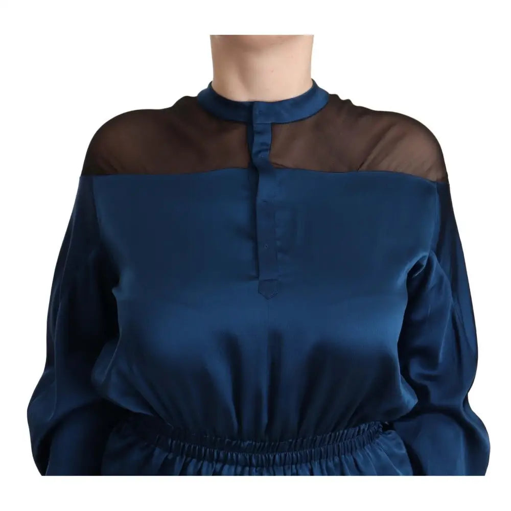 Masha Ma Blue Silk Long Sleeves Elastic Waist Top Blouse
