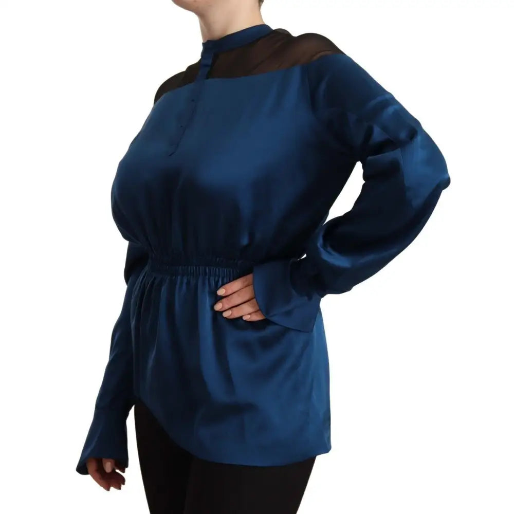Masha Ma Blue Silk Long Sleeves Elastic Waist Top Blouse