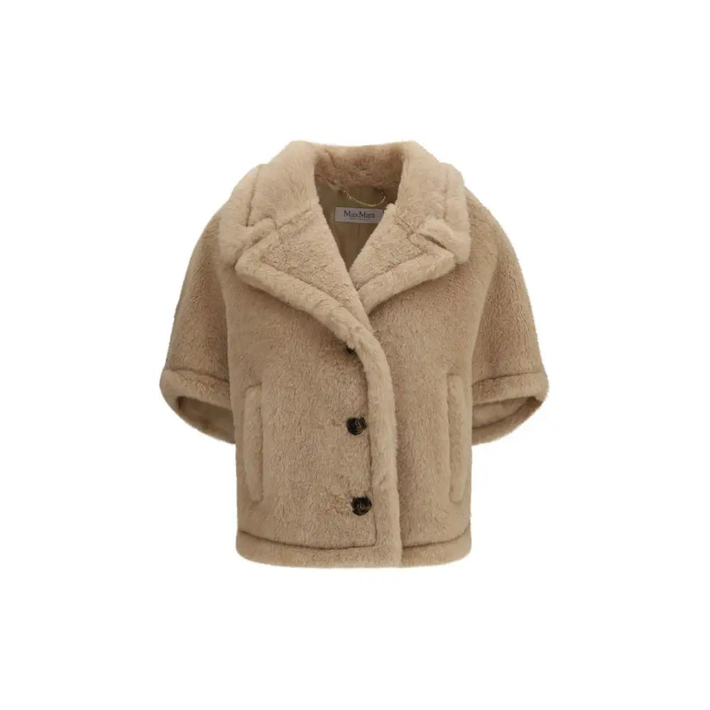 Max Mara beige alpaca cropped faux fur coat med krave og knapper