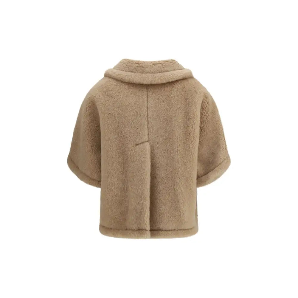 Cozy Max Mara beige alpaca faux fur cape with hood