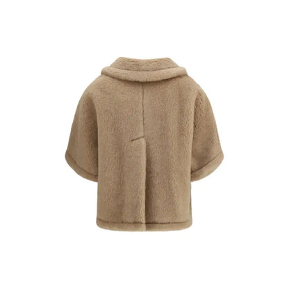 Cozy Max Mara beige alpaca faux fur cape with hood