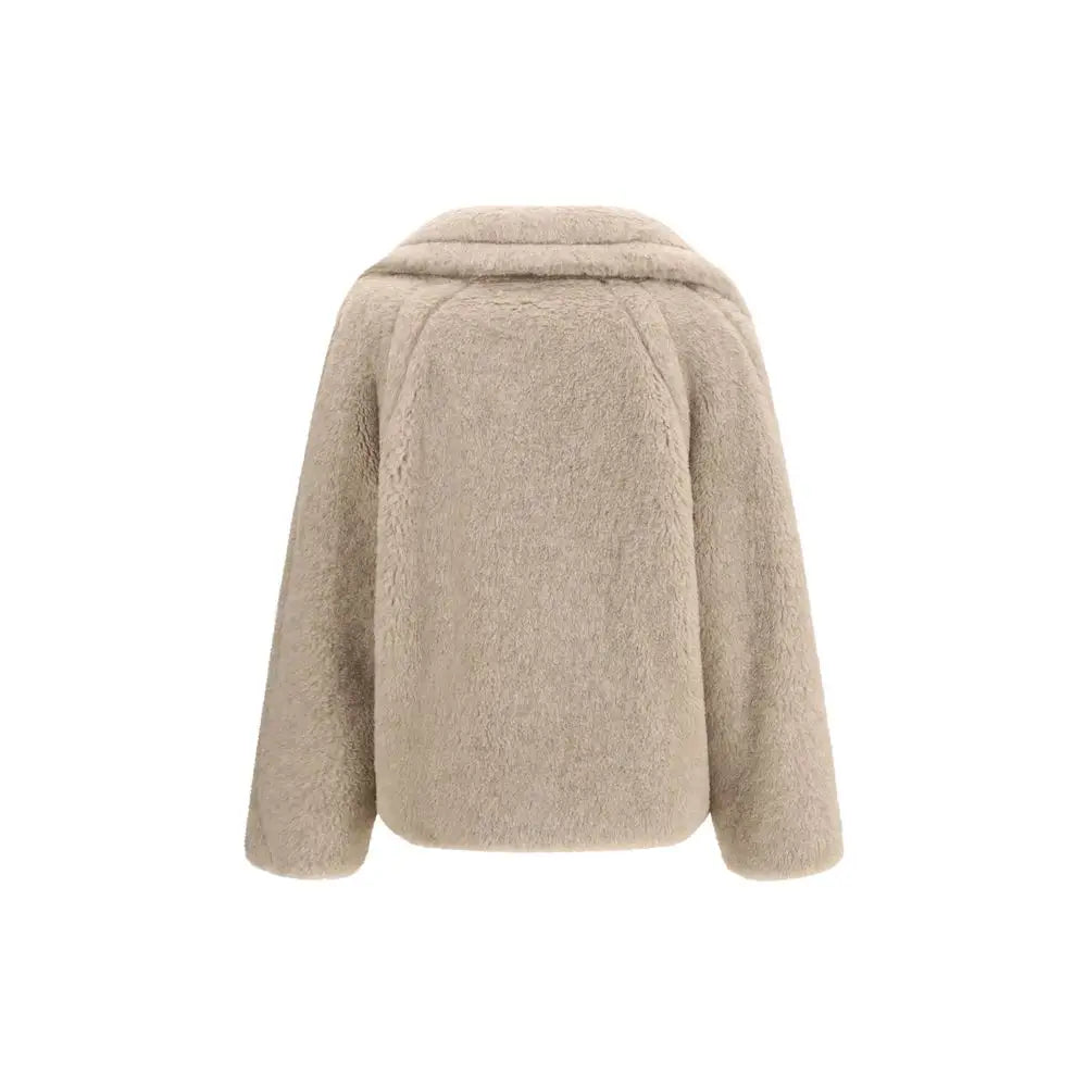 Max Mara beige alpaca coat med blød pels og rund krave