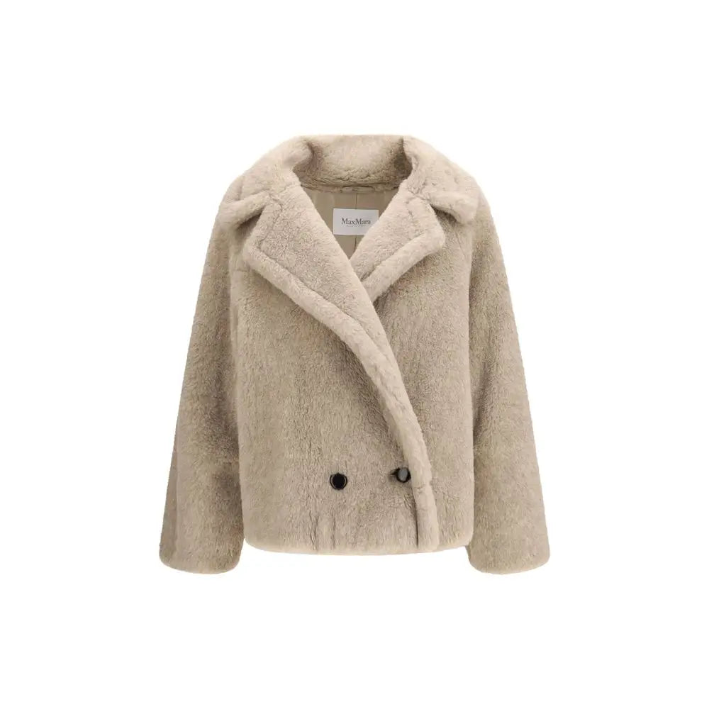 Max Mara beige alpaca faux fur coat med plush krave og sorte knapper