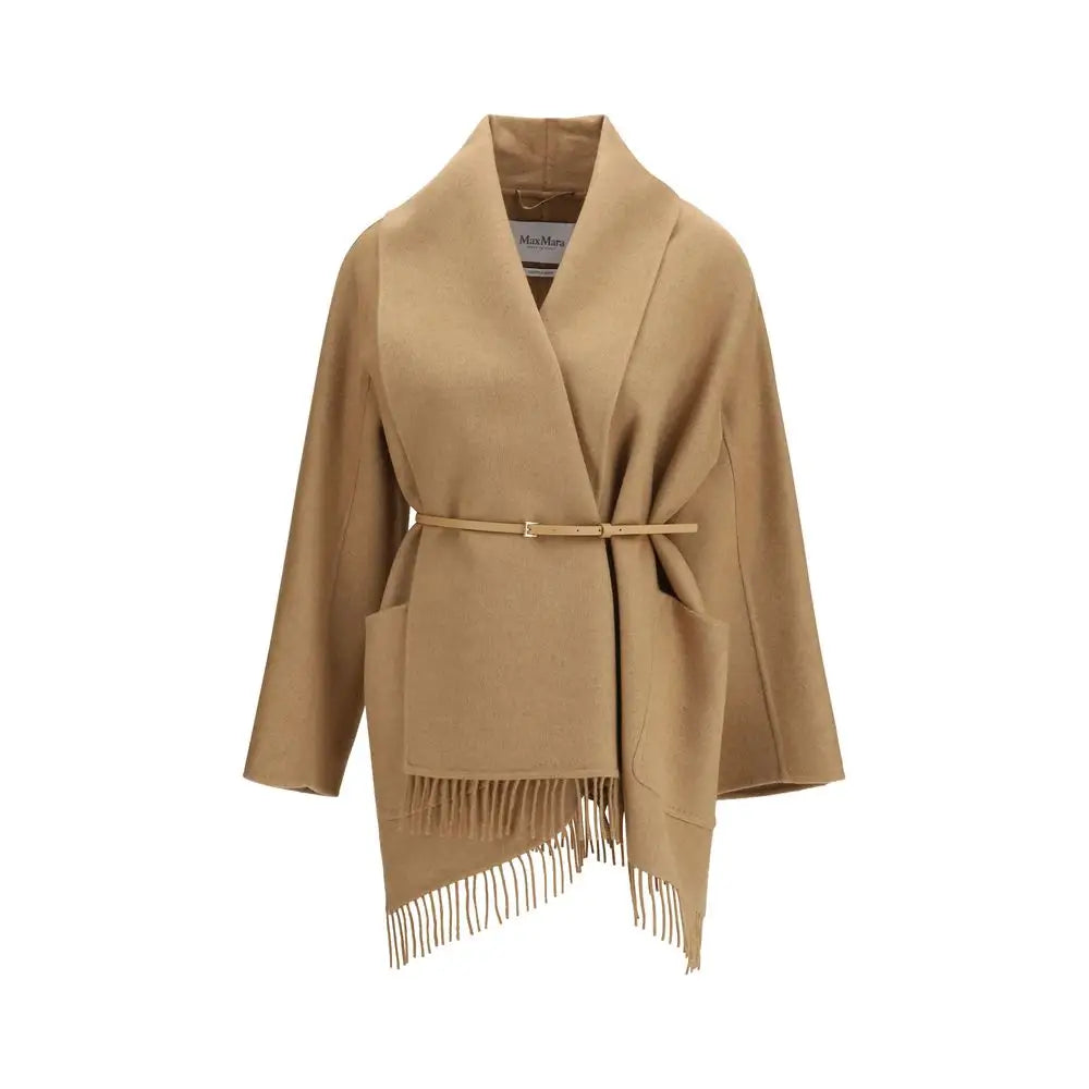 Max Mara beige camel coat med beltet talje og frynse