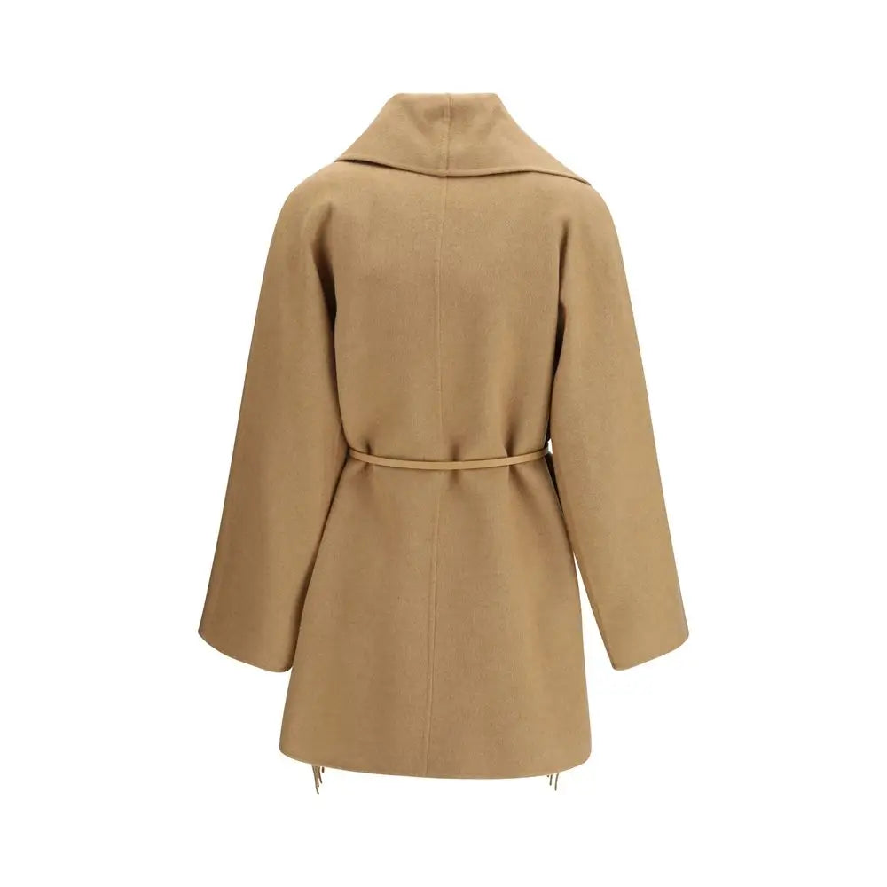 Max Mara beige camel coat med belte og frynset kant