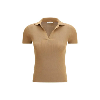 Max Mara beige fleece ribbed knit polo shirt med krave og korte ærmer