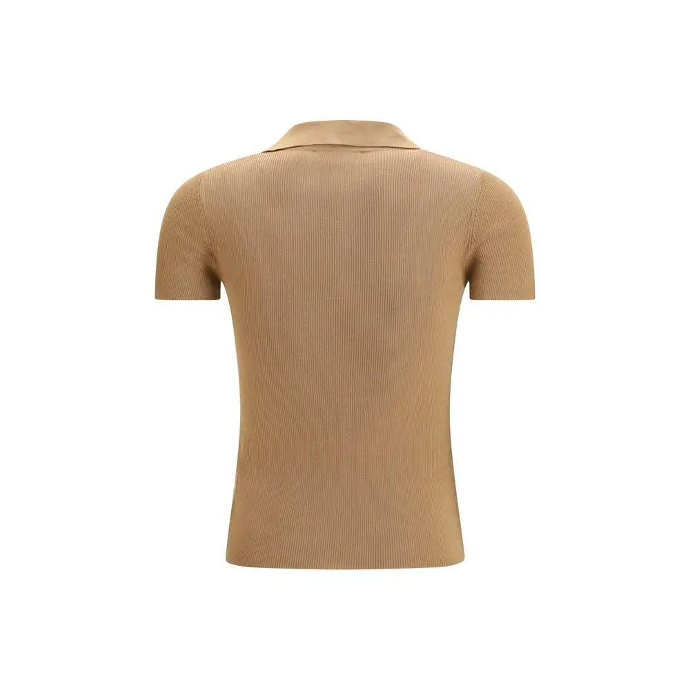 Max Mara beige fleece ribbed knit polo shirt med kortærmet og klassisk krave