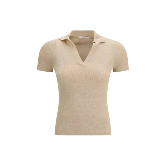 Max Mara beige fleece ribbed knit polo shirt med V-hals