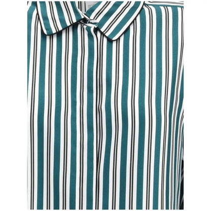 Max Mara Brama silk shirt med teal og hvide striber og sort krave