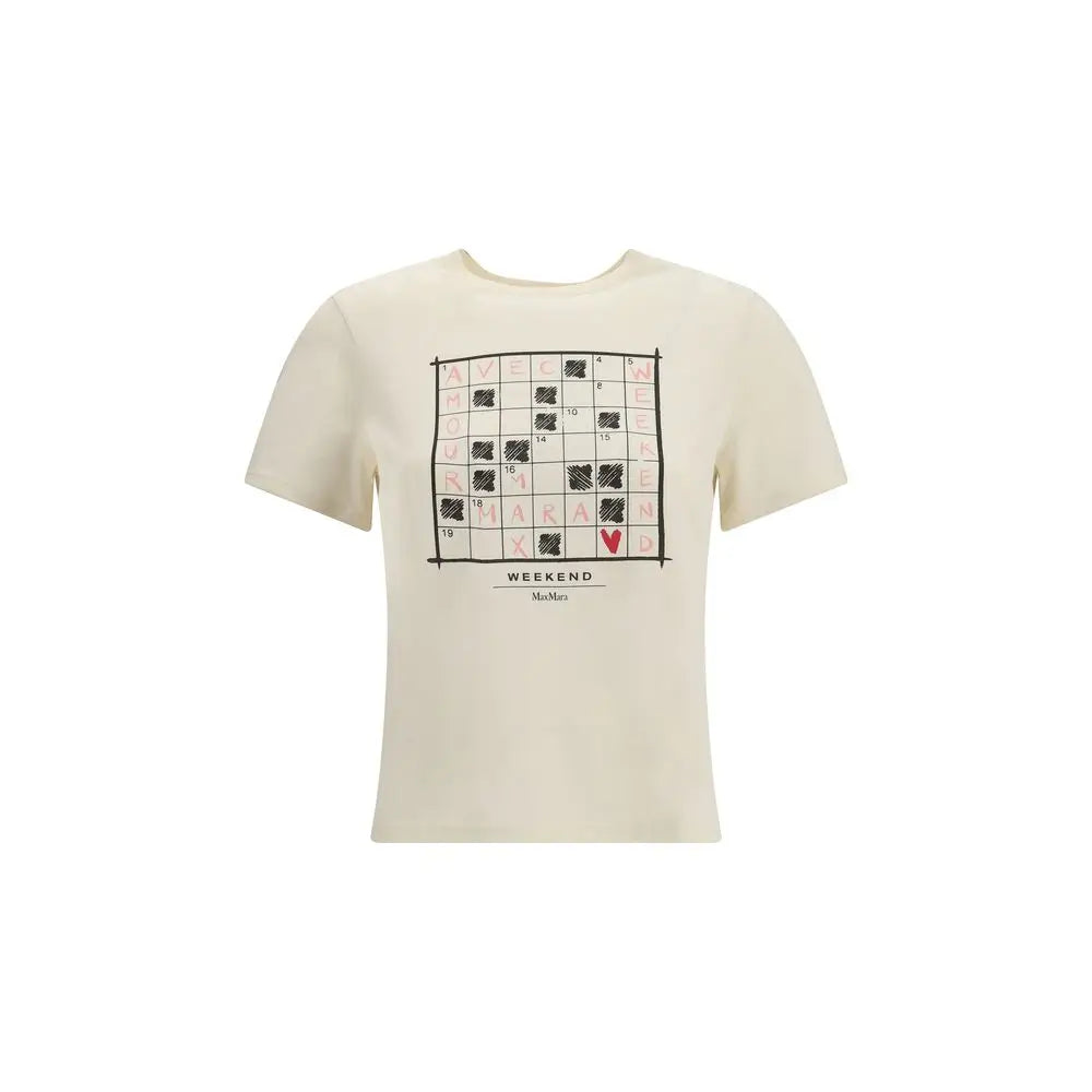 Max Mara cream cotton t-shirt med sort og pink krydsordsgrafik og weekend