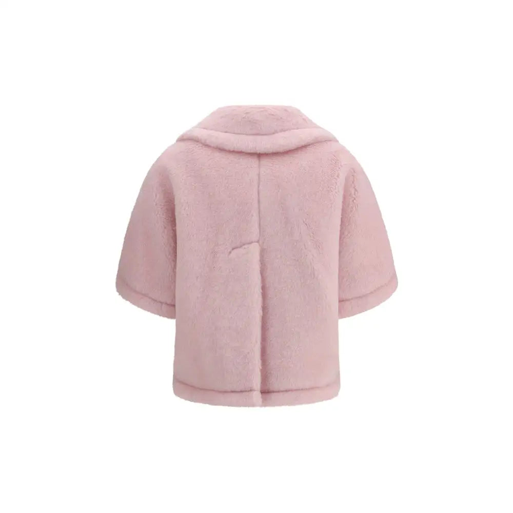 Max Mara multicolor alpaca vicugna pacos coat i blød pink faux pels med hætte og korte ærmer