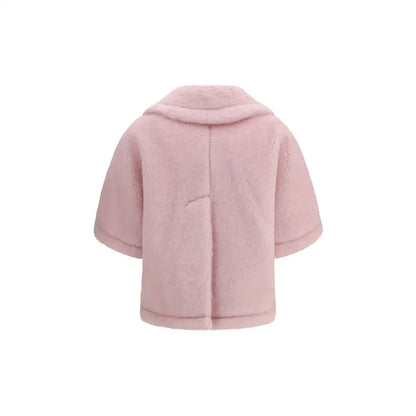 Max Mara multicolor alpaca vicugna pacos coat i blød pink faux pels med hætte og korte ærmer