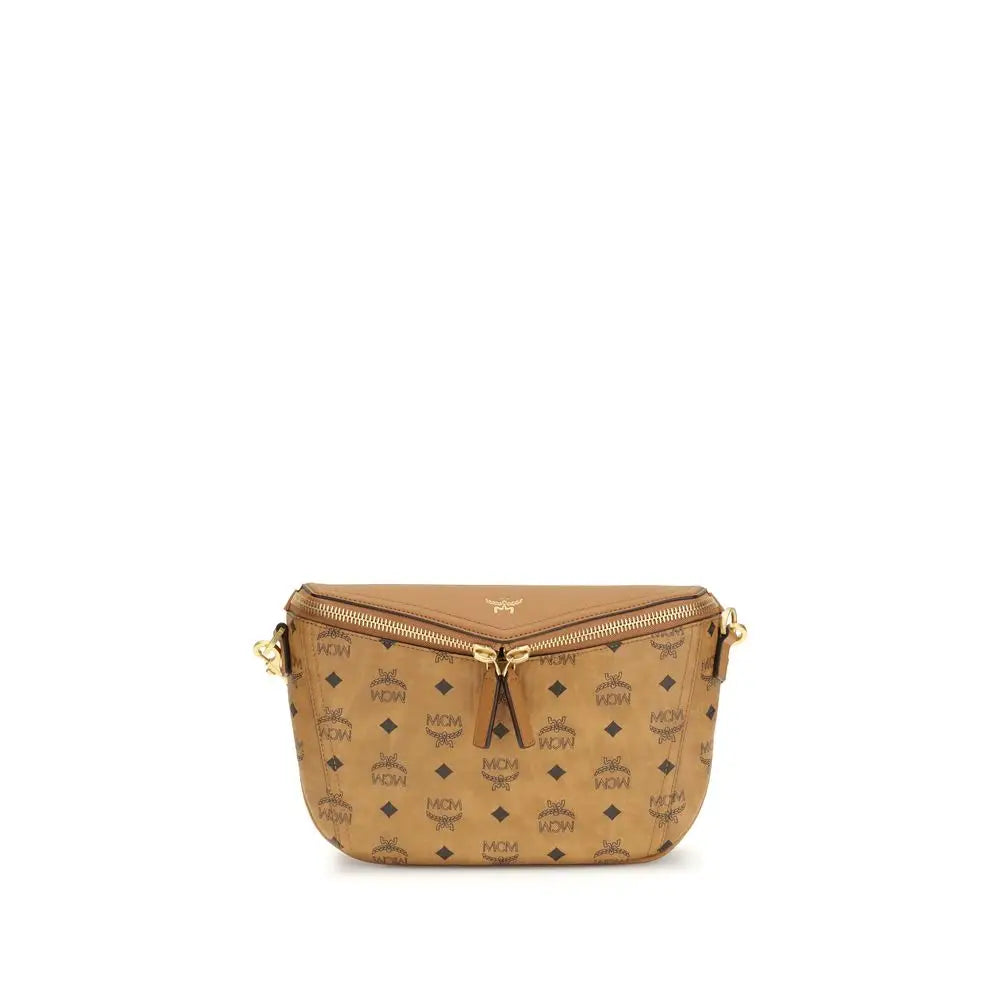 MCM beige calf leather Bos Taurus shoulder bag med tan MCM mønster og guld hardware