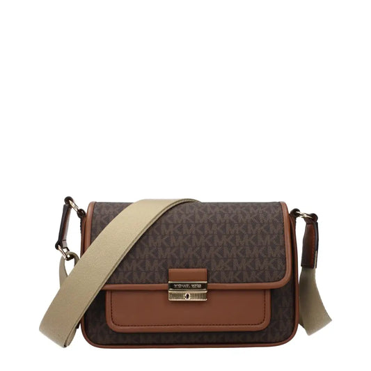 Michael Kors brun stof crossbody taske med monogram mønster og guld hardware