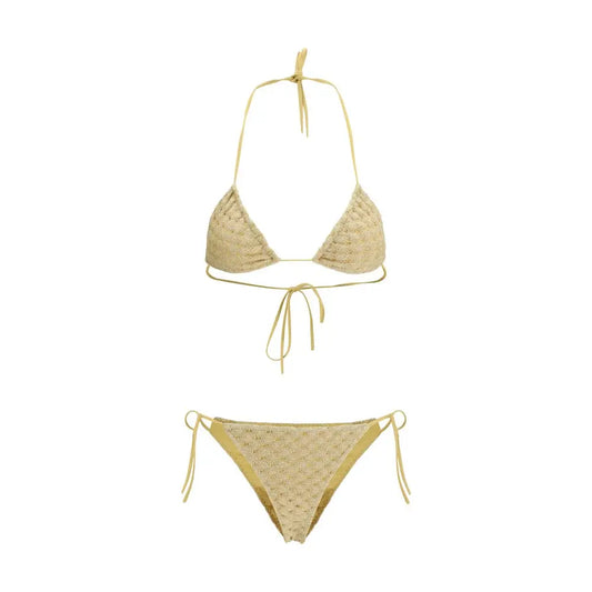 Beige Missoni Gold viscose crocheted triangle bikini set with textured pattern