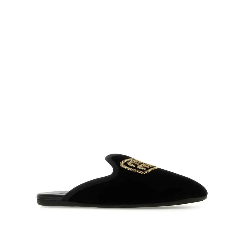 Miu Miu black calfskin mules med sort fløjls mule og guldlogo