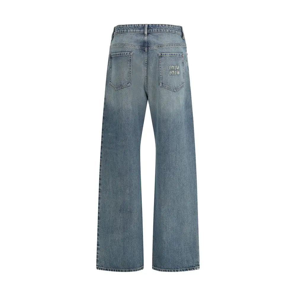 Miu Miu blå bomulds straight-leg jeans med wide-leg snit og logo