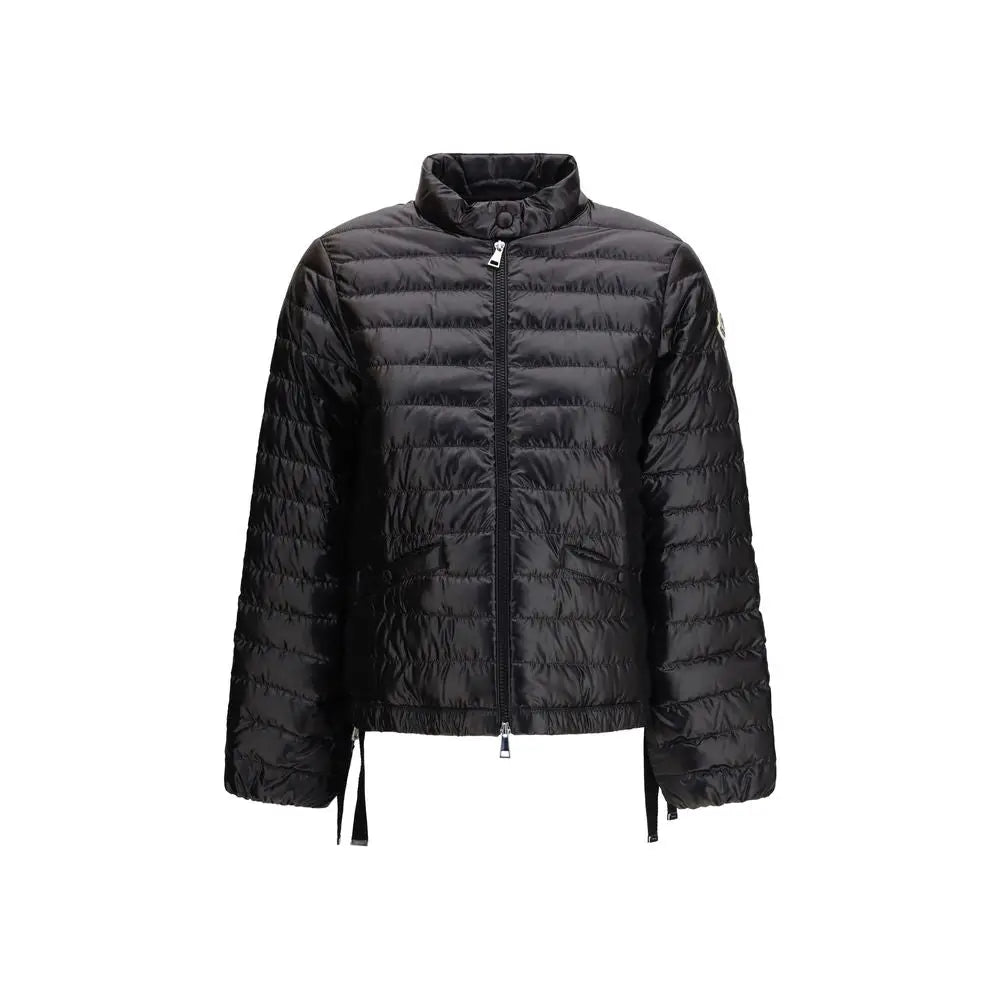 Moncler black polyamide coat: quilted puffer jacket with stand-up collar and silver zipper accents