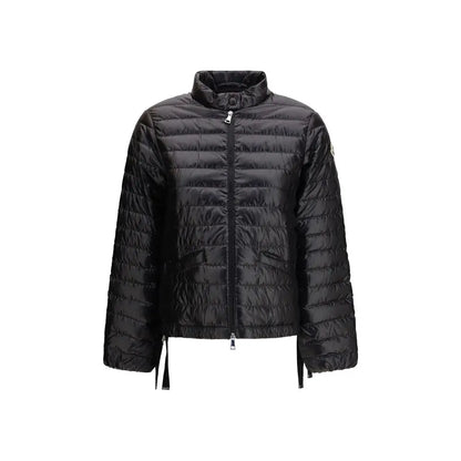 Moncler black polyamide coat: quilted puffer jacket with stand-up collar and silver zipper accents