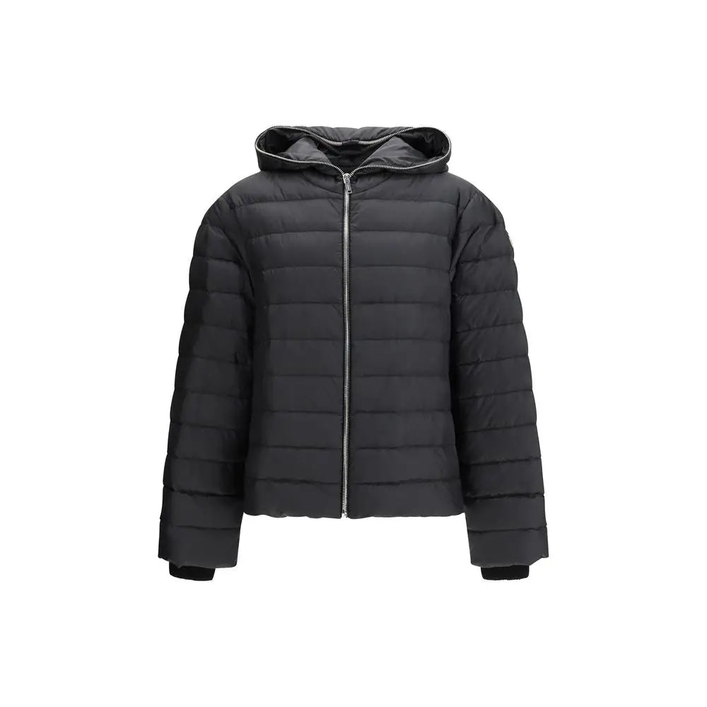 Sort Moncler x Rick Owens sort polyester jakke med hætte og sølv lynlås