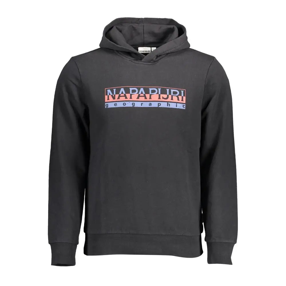 Napapijri black cotton hoodie with colorful geographic logo on chest