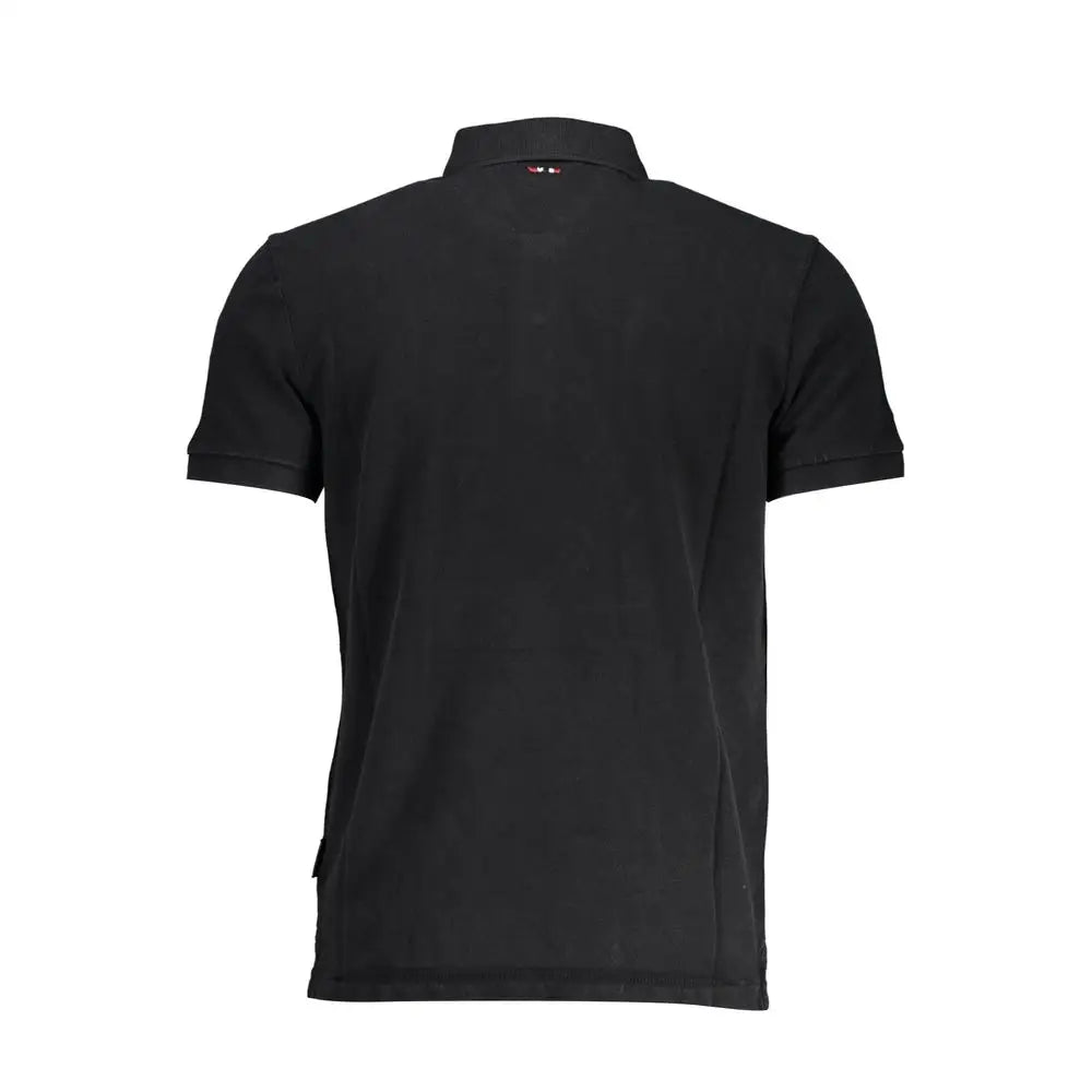 Napapijri black cotton polo shirt with short sleeves, classic collar, and ribbed cuffs