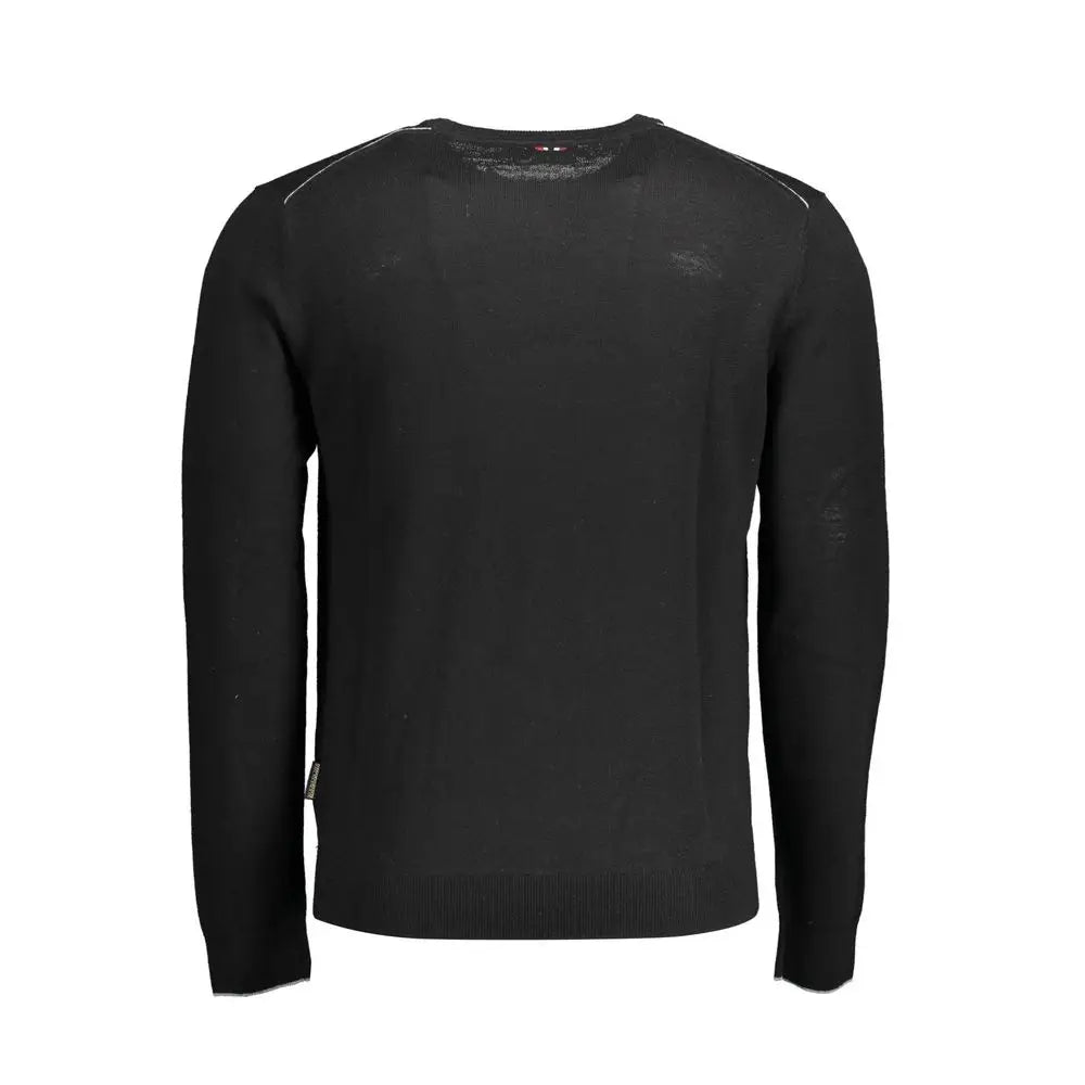 Napapijri black wool men long-sleeved knit sweater with white shoulder stitching
