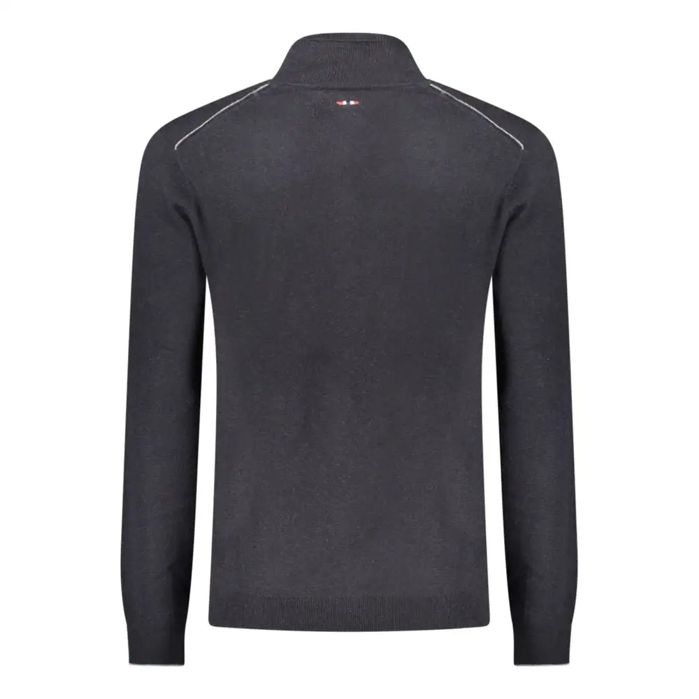 Napapijri black wool sweater in dark gray knit with stand-up collar and white shoulder stitching