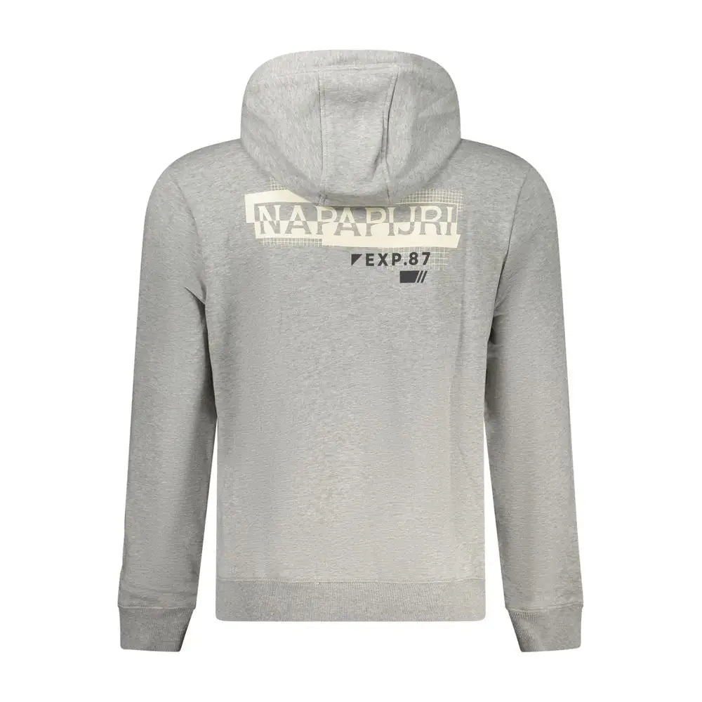 Grå bomuldssweater Napapijri med heathered grå hoodie og sort-hvid print bagpå