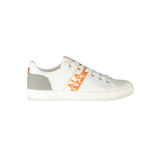 Napapijri white polyester sneakers med orange stripe og grå hæl