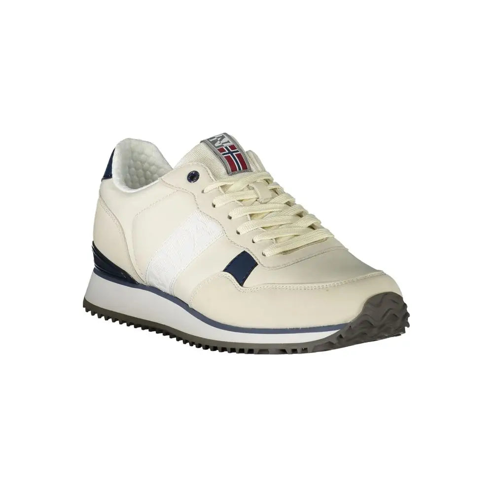 Napapijri polyester sneakers med norsk flag-logo, creme læder og blå detaljer