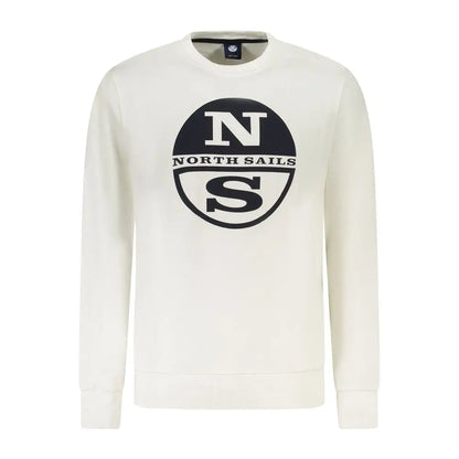 Cream-colored North Sails crewneck sweatshirt with bold black circular logo featuring white n and s letters on North Sails white cotton