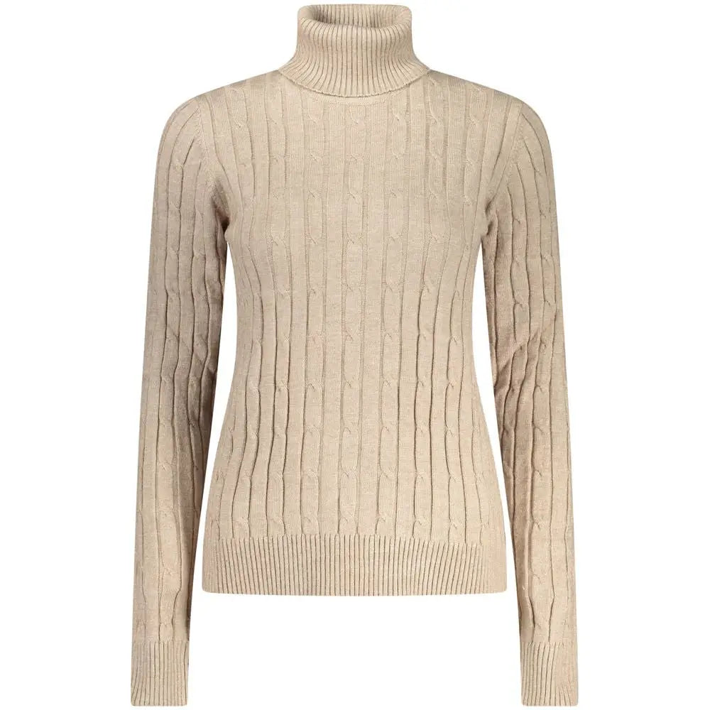 Beige viscosa kvinders sweater med kabelstrik og ribkant