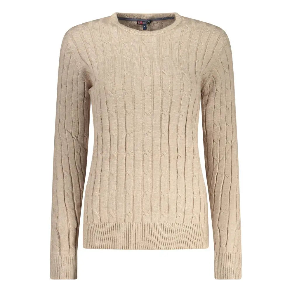 Beige viscose sweater med kabelstrik, rund hals og ribkantede manchetter