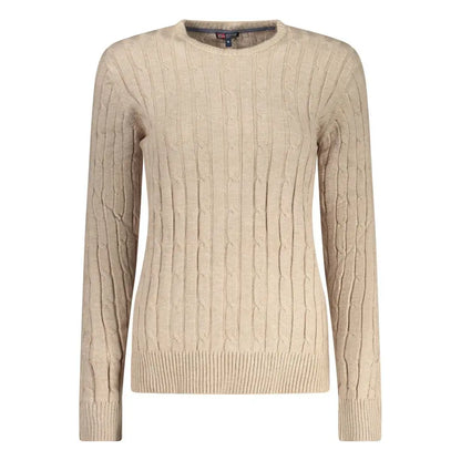Beige viscose sweater med kabelstrik, rund hals og ribkantede manchetter