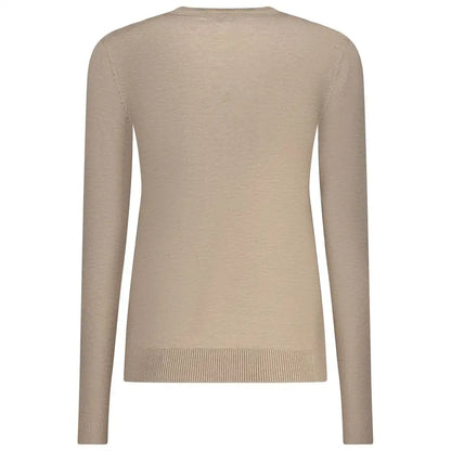 Beige viscose kvinders sweater med langærmet strik, rund hals og ribbet kant