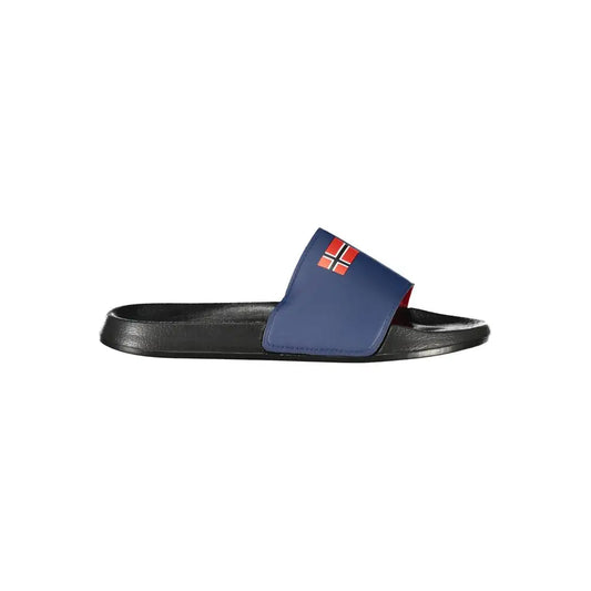 Nordic blå slide sandal i sort plast med norsk flag emblem