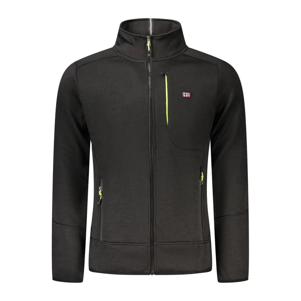 Sort sort polyester sweater med neon gul lynlås og norsk flag