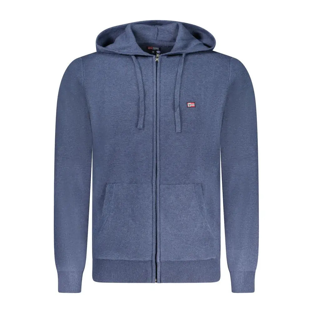 Blå heklet poliammide herre-cardigan med norsk flag på brystet