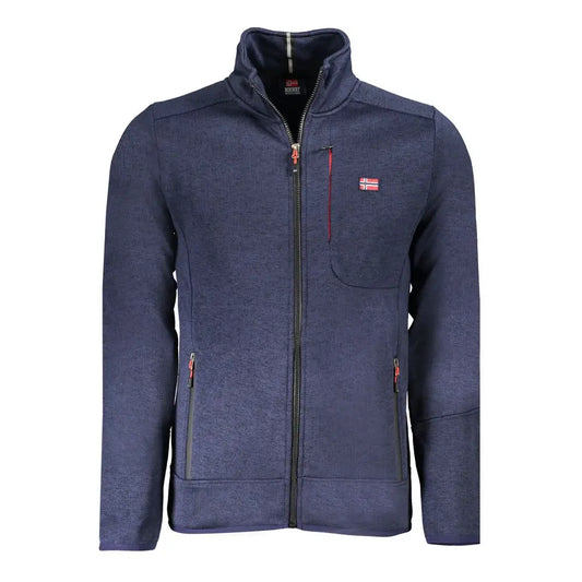 Navy blå tekstureret fleece jakke med rød lynlås og norsk flag på brystet, blu polyester