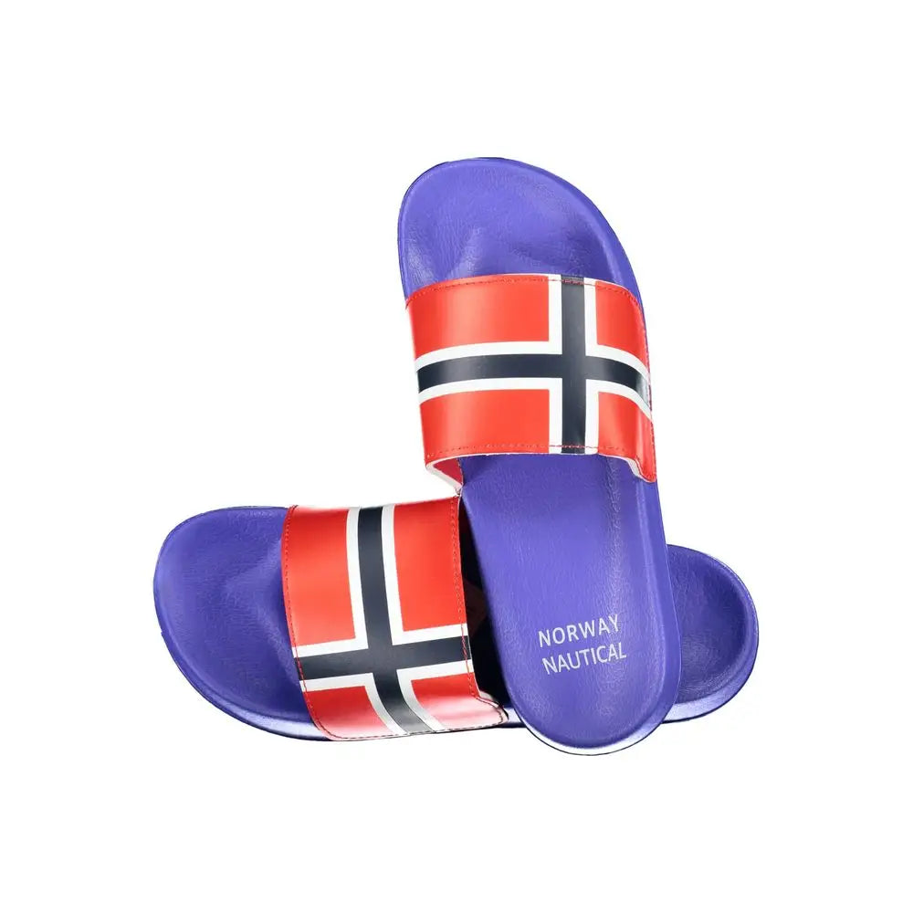 Lilla slide sandaler med norsk flag på stropp i blå plastik