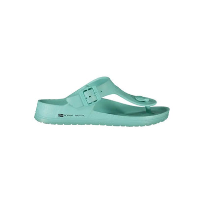 Blå plastik kvinders sandal med mintgrøn gummi flip-flop og Norway Nautical-logo
