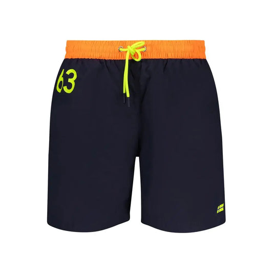 Navyblå polyamid badebukser Norge 1963 med orange talje og gul 63