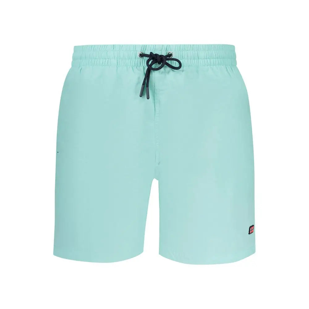 Lyseblå polyamid badebukser med sort snor og logo på benet