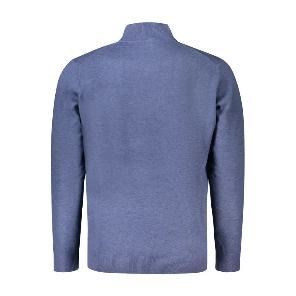 Solid blå polyester sweater med ribbet krave og manchetter