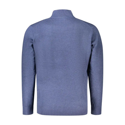 Solid blå polyester sweater med ribbet krave og manchetter