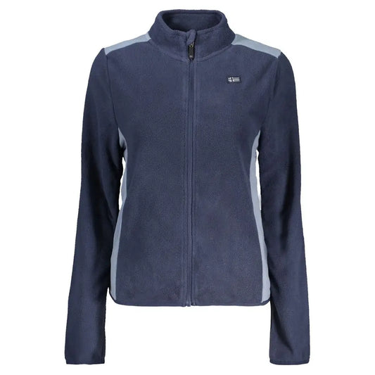Blå polyester sweatshirt med navy blå fleece og grå paneler