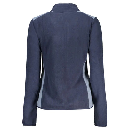Blå polyester sweatshirt med navy blå og grå fleece, ribbet krave og sidepaneler